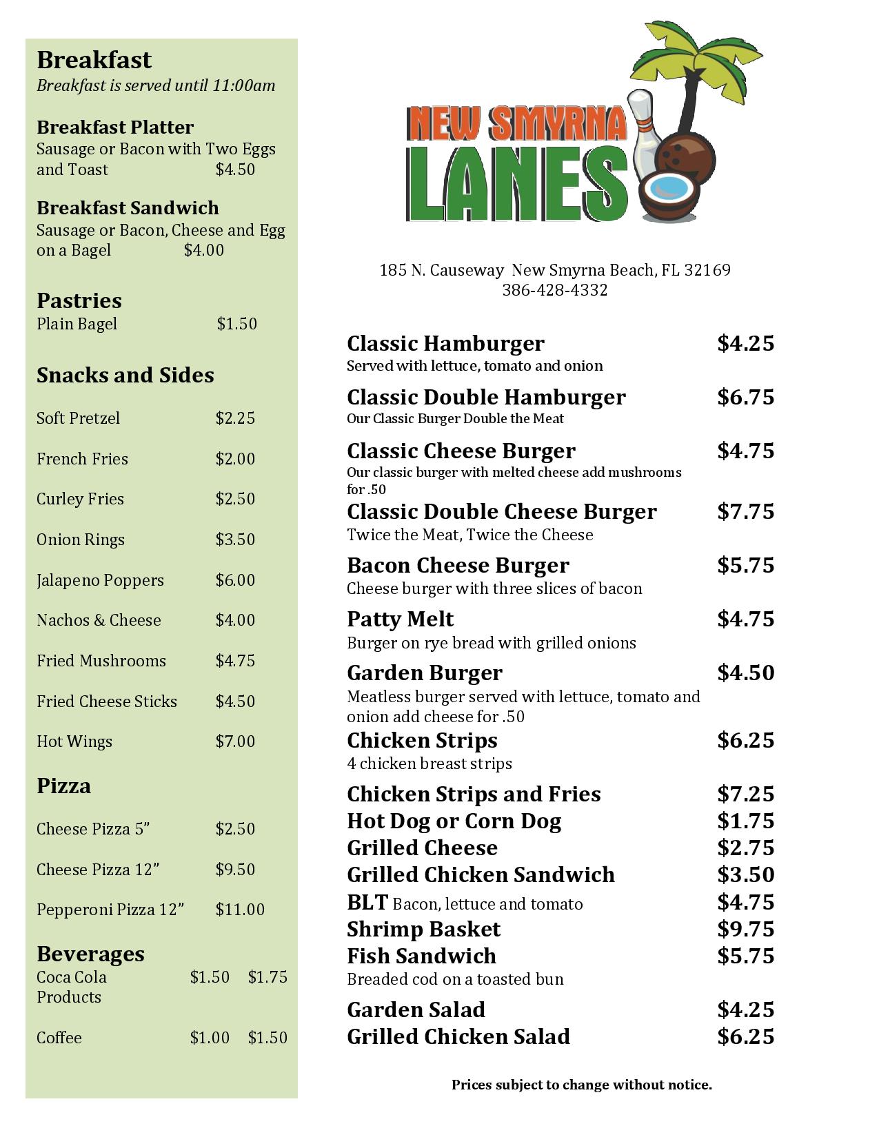 New Smyrna Lanes > Snack Bar Menu